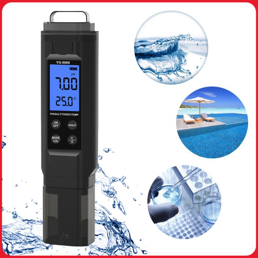 Ec Meter Digital - 5-in-1 digitale waterkwaliteittester pen TDS/EC/temperatuur/zoutgehalte/pH-meter voor