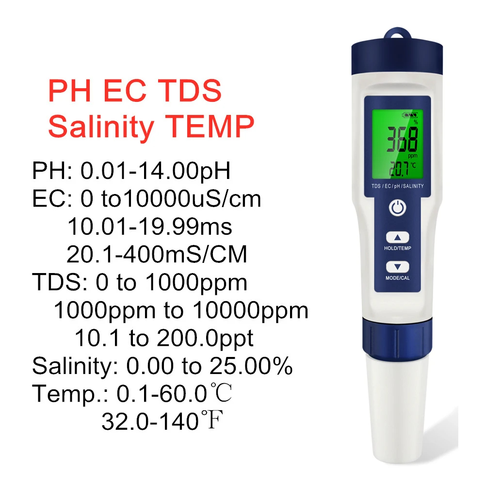 5-in-1 digitale PH TDS EC-mete - Ec Meter Digital recensie en prijs
